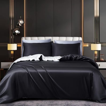 lenjerie pat - Lenjerie de pat din satin negru, husa pilota 220x240 cm, 2 fete perini 65x65 cm