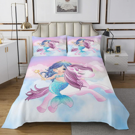 Lenjerie de pat matlasata cu model unicorn și sirenă, husa pilota 220x240 cm, 2 fete perini 50x75 cm [1]