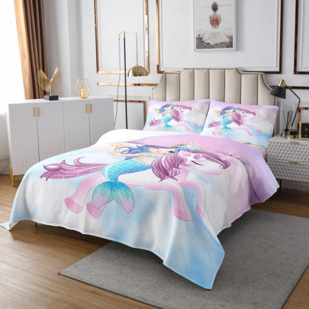Lenjerie de pat matlasata cu model unicorn și sirenă, husa pilota 220x240 cm, 2 fete perini 50x75 cm [2]