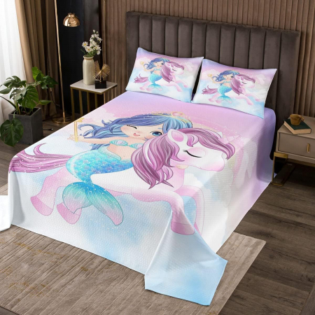 lenjerie pat - Lenjerie de pat matlasata cu model unicorn și sirenă, husa pilota 220x240 cm, 2 fete perini 50x75 cm