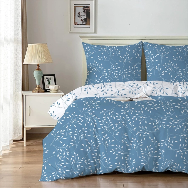 Lenjerie de pat cu uscare rapida 155x200  albastru cu model 3 piese-1 husa pilota+ 2 huse perini 80x80 cm [1]