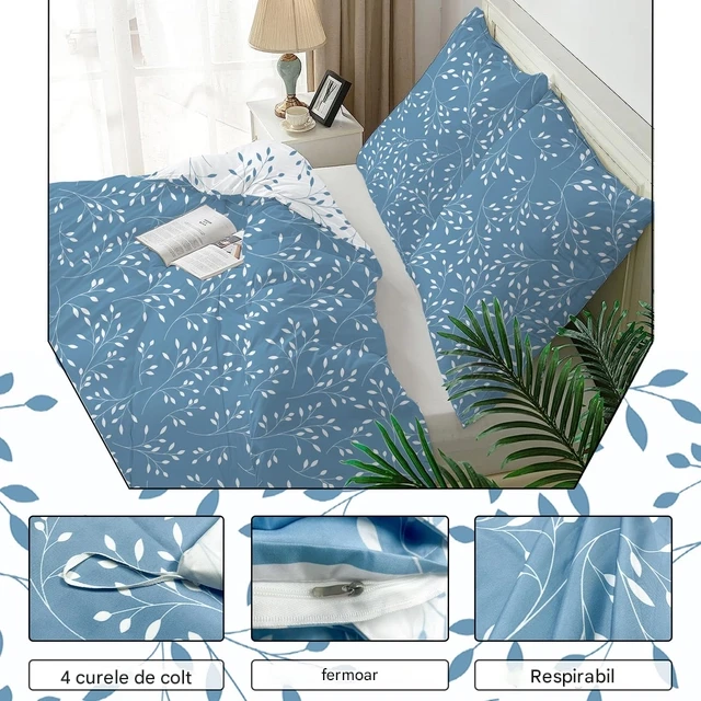 Lenjerie de pat cu uscare rapida 155x200  albastru cu model 3 piese-1 husa pilota+ 2 huse perini 80x80 cm [2]