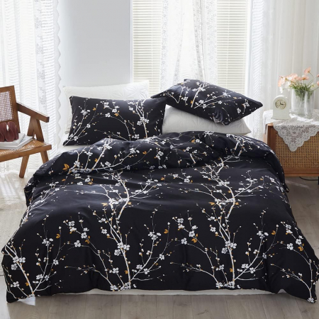 ACCESORII PAT - Lenjerie de pat 3 piese neagra cu crengute alba-1 husa pilota 240x220cm+ 2 huse perini 80x80 cm