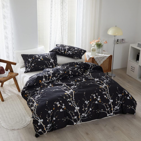 Lenjerie de pat 3 piese neagra cu crengute alba-1 husa pilota 240x220cm+ 2 huse perini 80x80 cm [1]