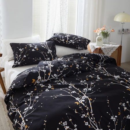 Lenjerie de pat 3 piese neagra cu crengute alba-1 husa pilota 240x220cm+ 2 huse perini 80x80 cm [3]