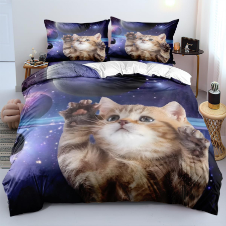ACCESORII PAT - Lenjerie de pat din microfibra netedă, mătăsoasă, model pisici 220x240 cm+2 fete perini 65x65