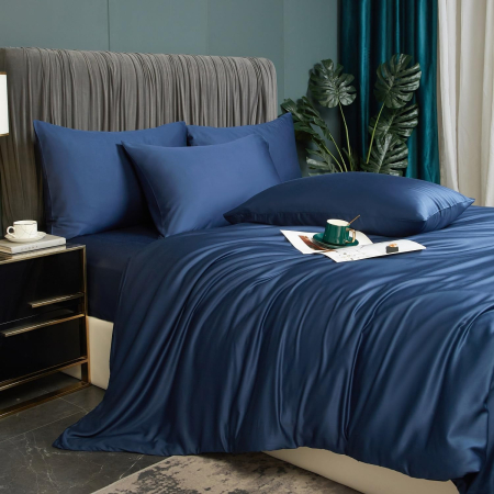 Lenjerie de pat din bambus, poliester, simplă, netedă, mătăsoasă, albastru, pilota 260x240 cm cu 2 fete perini 65x65 cm [3]
