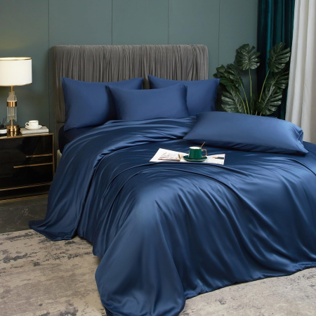lenjerie pat - Lenjerie de pat din bambus, poliester, simplă, netedă, mătăsoasă, albastru, pilota 260x240 cm cu 2 fete perini 65x65 cm