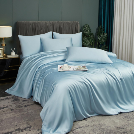 lenjerie pat - Lenjerie de pat din bambus, poliester, simplă, netedă, mătăsoasă, bleu, pilota 260x240 cm cu 2 fete perini 65x65 cm