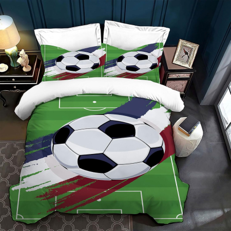 lenjerie pat - Lenjerie de pat model 3D fotbal, pilota 220x240 cm cu 2 fete perini 50x70 cm