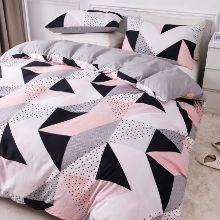 Lenjerie de pat Design Geometric Negru Roz, husa pilota 240x220 cm, 2 fete perini 80x80 cm [1]