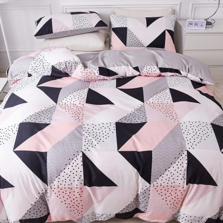 lenjerie pat - Lenjerie de pat Design Geometric Negru Roz, husa pilota 240x220 cm, 2 fete perini 80x80 cm
