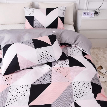 Lenjerie de pat Design Geometric Negru Roz, husa pilota 240x220 cm, 2 fete perini 80x80 cm [2]