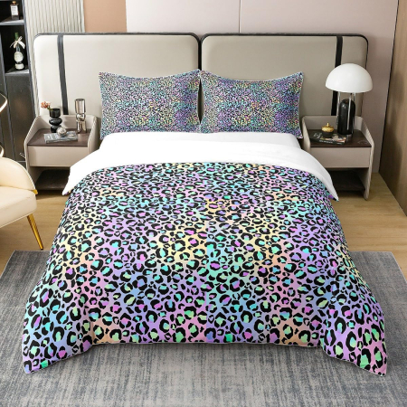 ACCESORII PAT - Lenjerie Pat Homewish, 3 Piese, Bumbac 100%, Leopard Mov, husa pilota 220x240 cm, 2 huse perini 80x80 cm