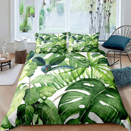 lenjerie pat - Lenjerie de pat cu model Frunze botanice, husa pilota 220x230 cm, 2 fete perini 50x75 cm