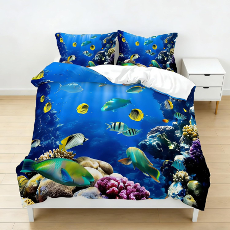 lenjerie pat - Lenjerie de pat model 3D ocean, pilota 220x240 cm cu 2 fete perini 50x70 cm