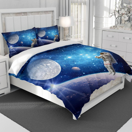 Set Lenjerie Pat Copii Space 3D, Model Galaxy, Husă Pilotă + Față Pernă, pilota 200x200 cm, 2 fete perini 50x75 cm [1]