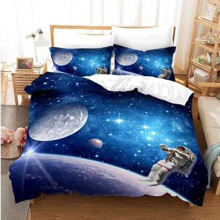 lenjerie pat - Set Lenjerie Pat Copii Space 3D, Model Galaxy, Husă Pilotă + Față Pernă, pilota 200x200 cm, 2 fete perini 50x75 cm