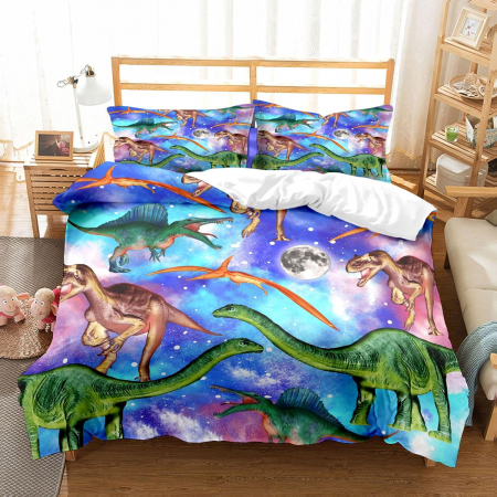 ACCESORII PAT - Lenjerie de pat pilota 155x220 cm, 1 fata perina 80x80 cm imprimeu dinozauri