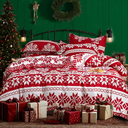 lenjerie pat - Lenjerie de pat rosie cu model 135x200  2 piese-1 husa pilota+ 1 husa perina 80x80 cm