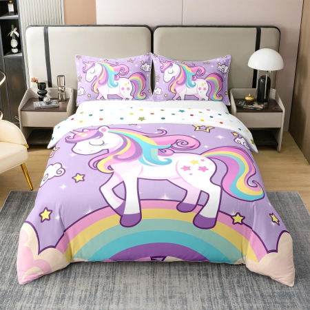 lenjerie pat - Lenjerie Pat Homewish, 2 Piese, Bumbac 100%, model unicorn, husa pilota 135x200 cm, 1 husa perina 80x80 cm