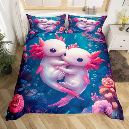 lenjerie pat - Lenjerie Pat Homewish, 2 Piese, Bumbac 100%, model recif oceanic, husa pilota 155x220 cm, 1 husa perina 80x80 cm