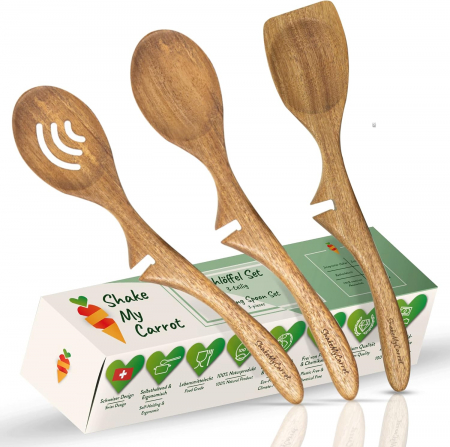 Polonice, linguri si clesti de bucatarie - Linguri din lemn de Acacia pentru amestecat mancare-set 3 bucati
