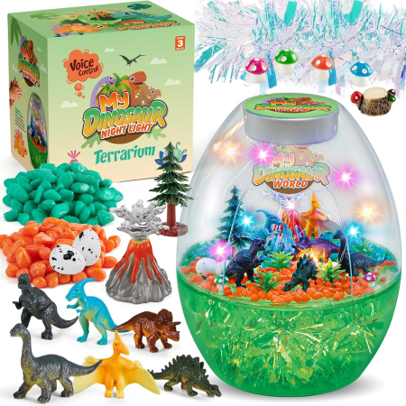 CASA SI GRADINA - Lumină de noapte în formă de terariu cu dinozauri si accesorii pentru o lume magica