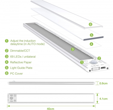 Lumină LED pentru dulap cu senzor de mișcare, 2200 mAh reîncărcabilă prin USB 40CM 2 buc [3]