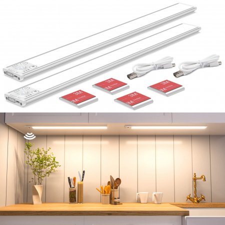 lampi de veghe - Lumină LED pentru dulap cu senzor de mișcare, 2200 mAh reîncărcabilă prin USB 40CM 2 buc