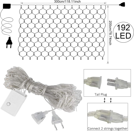 Plasa 3x2 m cu 192 lumini LED, IP44, 8 moduri iluminare, alimentare retea [1]