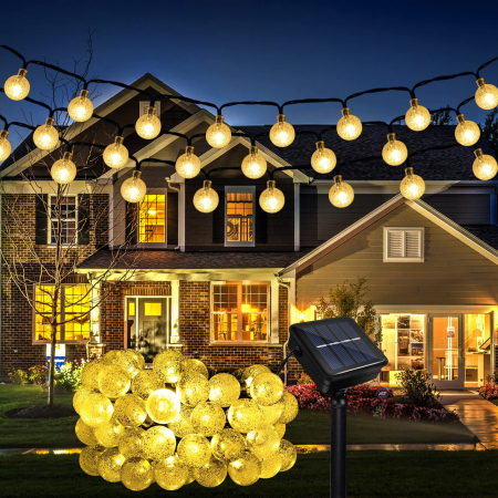 instalatii lumini - Lumini solare pentru exterior, 50 LED-uri cu bile de cristal, impermeabile, cu 8 moduri de iluminare, 7 m