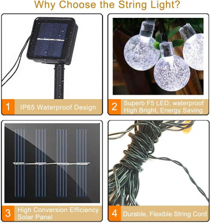 Lumini solare pentru exterior, 30 LED-uri rotunde, 6.5m [2]