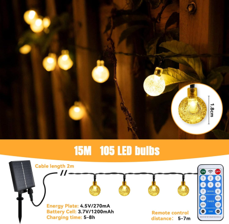 Lumini solare pentru exterior, 105 LED-uri, IP65, cu 8 moduri de iluminare, 15 m [2]