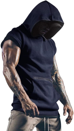 Tricouri barbati - Tricou albastru sport pentru barbati, cu gluga si buzunar fata, M