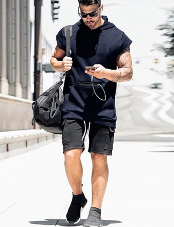 Tricou albastru sport pentru barbati, cu gluga si buzunar fata, M [2]