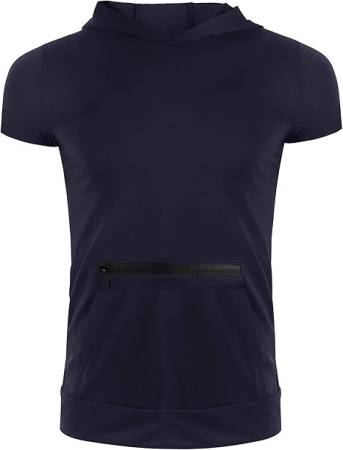 Tricou albastru sport pentru barbati, cu gluga si buzunar fata, M [3]