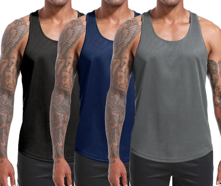 Tricouri barbati - Set 3 Maiouri Sport Bărbați Holure, Y-Back, Respirabile, Negru/Gri/Bleumarin, M