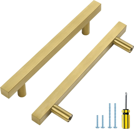 accesorii scaune, mese - Manere aurii patrate din zinc, lungime 128 mm intre gauri, 5 bucati