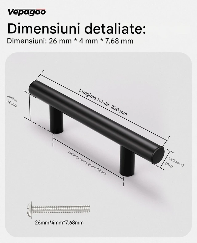 Manere negre rotunde din otel, lungime 200x32mm cu 128 mm intre gauri, 20 bucati [2]