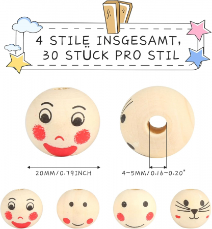 Margele SMILE din lemn natural de 20 mm, cu gaura pentru bijuterii- bratara colier, gaura 5 mm, 4 stiluri, set 120 piese [3]