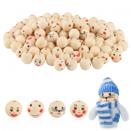 SETURI DE CONSTRUCTIE - Margele SMILE din lemn natural de 20 mm, cu gaura pentru bijuterii- bratara colier, gaura 5 mm, 4 stiluri, set 120 piese