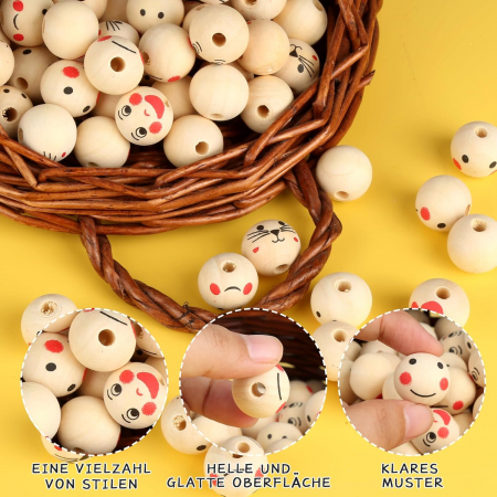 Margele SMILE din lemn natural de 20 mm, cu gaura pentru bijuterii- bratara colier, gaura 5 mm, 4 stiluri, set 120 piese [5]