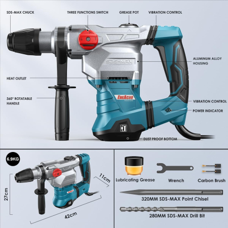 Ciocan rotativ SDS-MAX 12 Jouli 1500W, cu 3 funcții, mâner anti-vibrație și cuplare de siguranță, capacitate de conducere de 40 mm în beton, cu foraj și cip, set [1]