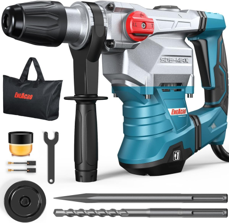Masini de gaurit si insurubat - Ciocan rotativ SDS-MAX 12 Jouli 1500W, cu 3 funcții, mâner anti-vibrație și cuplare de siguranță, capacitate de conducere de 40 mm în beton, cu foraj și cip, set