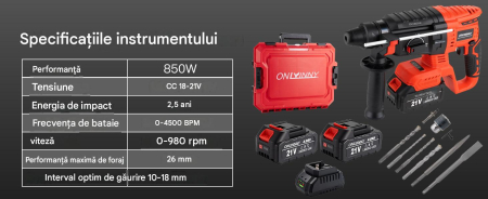 Ciocan rotopercutor 850 W cu 2 acumulatori 21V 4ah, SDS-Plus,  fără perii, incarcator si geanta [9]
