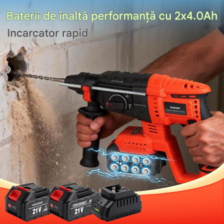 Ciocan rotopercutor 850 W cu 2 acumulatori 21V 4ah, SDS-Plus,  fără perii, incarcator si geanta [6]