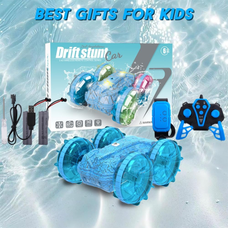 Mașinuta amfibie remote control bratara si telecomanda, impermeabila, cu lumini, albastra [5]