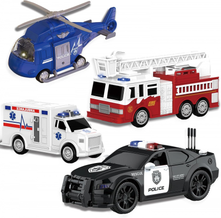 Masinute si vehicule pentru copii - Masinute realiste cu lumini si sunete, 4 bucati, pompieri, ambulanță, mașină de poliție și elicopter