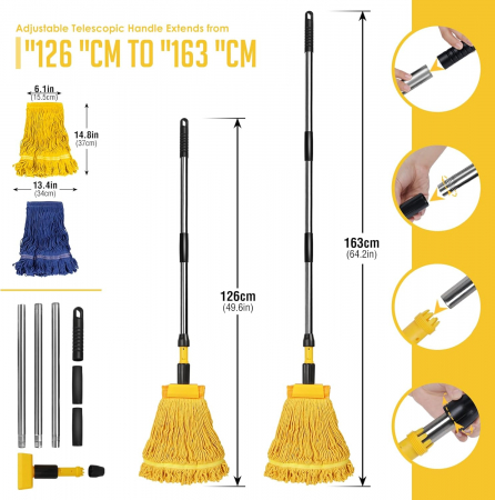 Mop industrial cu 2 capete galben/albastru si maner din otel 162 cm [1]